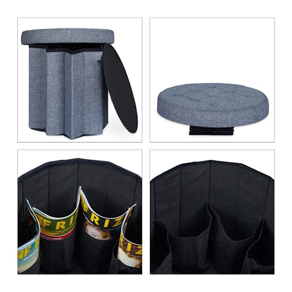 Relaxdays Fällbar rund taburett förvaring puff stol med lock HxlxP: 43 x 45 x 45 cm, mörkgrå Färgad