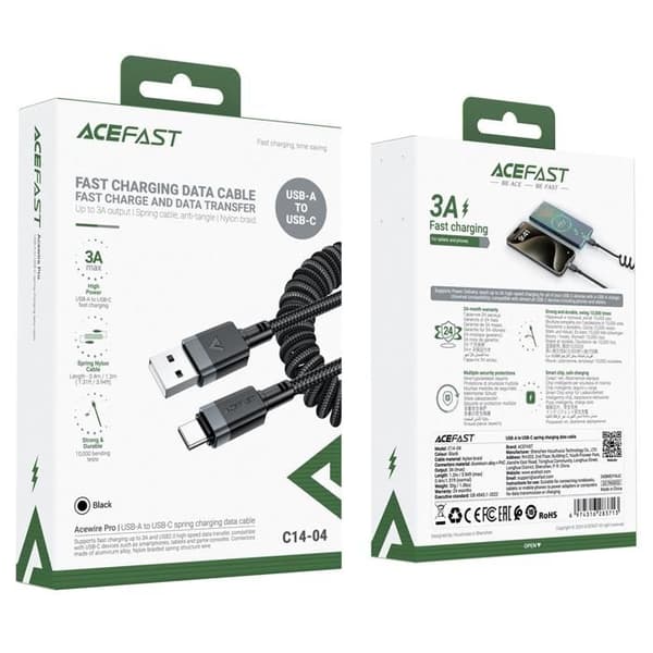 USB-A till USB-C-kabel - ACEFAST - C14-04 - 3 A - 480 Mbit/s - 1,2 m Svart