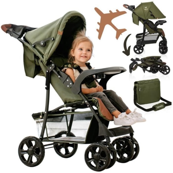 Lättvikts sittvagn LIONELO Emma - Snabb strand - 6-36 månader - Väska ingår - Stort korg - Kaki Grön, brun