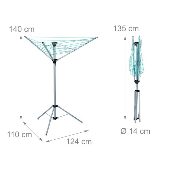 Relaxdays Snurrtork, 15 m linje, trädgård och camping, hopfällbar, bas, balkongställning, H:140cm; silverfärgad silver, turquoise, black