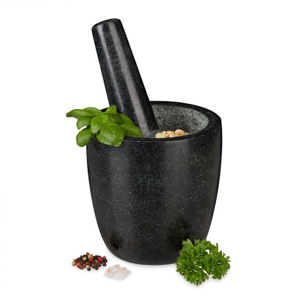 Relaxdays Mortel i granit med stöt, robust, för kryddor, örter, mortel i polerad sten, d. 13 cm, 500 ml, grå svart