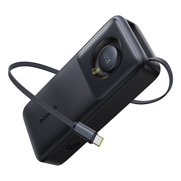 Batteri 20 000 mAh, 65 W, inbyggd typ C-kabel - Baseus Free2Pull (P100737701123-00) - Svart