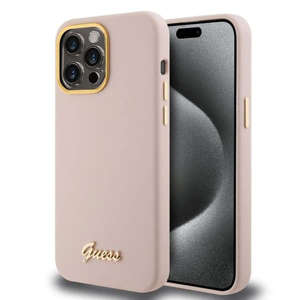 Guess Silicone Script-logotyp och metallram - Fodral för iPhone 15 Pro Max (rosa) Ljusrosa