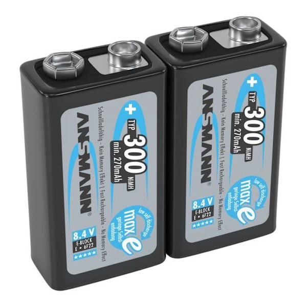 ANSMANN 9V 300mAh E-Block NiMH 1.2V batteri - 1000x uppladdningsbart (2 st)