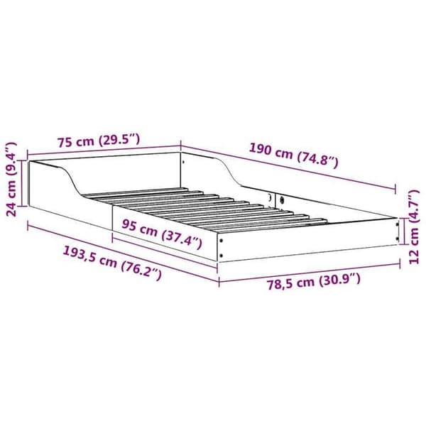 vidaXL Sängram Vit 75 x 190 cm Massivt furu 873341