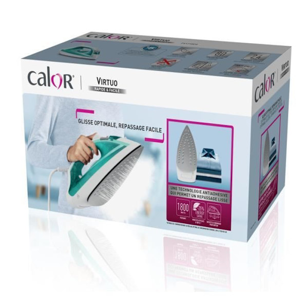 CALOR Ångstrykjärn, 1800 W, Ångflöde 24 g/min, Pressning 80 g/min, Vertikal ångning, Virtuo, Blå/grön FV1710C0