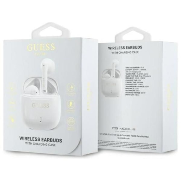 Bluetooth TWS-hörlurar + laddningsfodral (vit) Klassisk Guess-logga tryckt