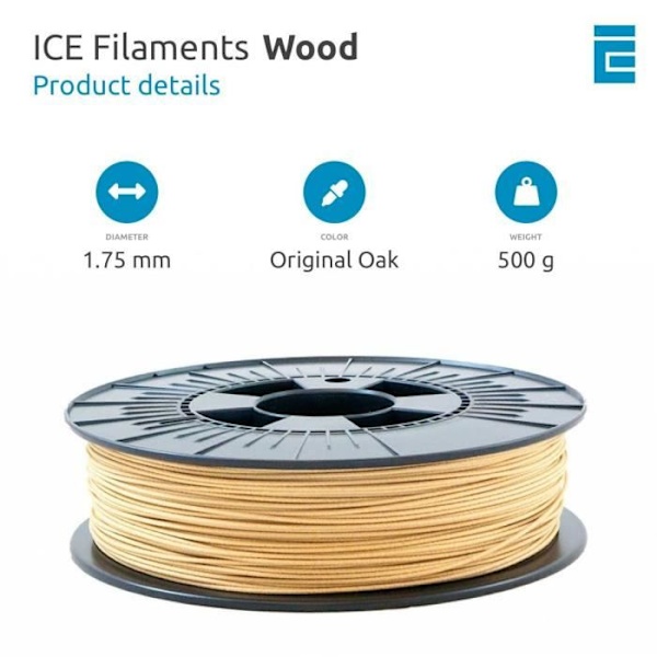 ICE FILAMENT Filament för 3D-skrivare, trä 1,75 mm., Original Ek, 0,50 kg - WOO206