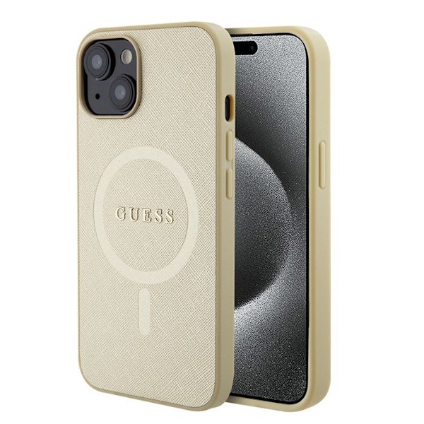 Coque för iPhone 15 Plus - Guess Saffiano MagSafe (GUHMP15MPSAHMCB) - Guld gyllene