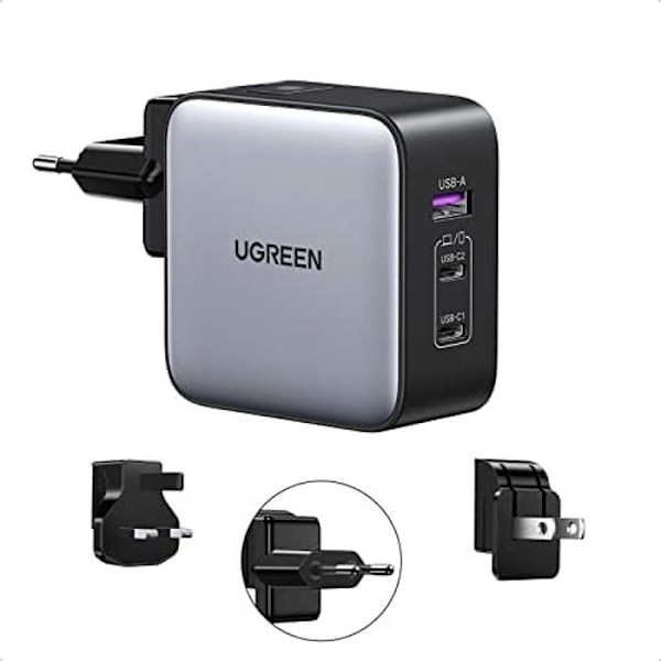 Reseladdare - UGREEN - Nexode 65W - 3 USB C-portar - Internationell adapter - Snabbladdning Grå