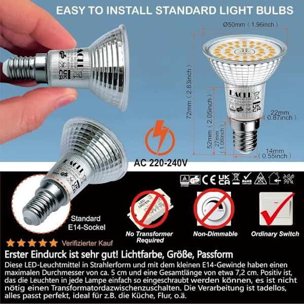 Ampull LED E14 - EACLL - 6W - Varm Vit - Motsvarande 90W - Ej dimbar Vit varm