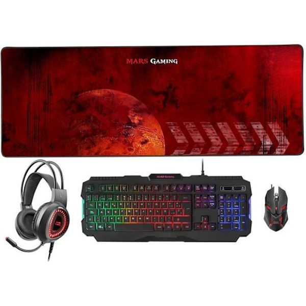 Mars Gaming MCPRGB2FR - Combo RGB-tangentbord+mus+XXL musmatta+headset - franska Svart