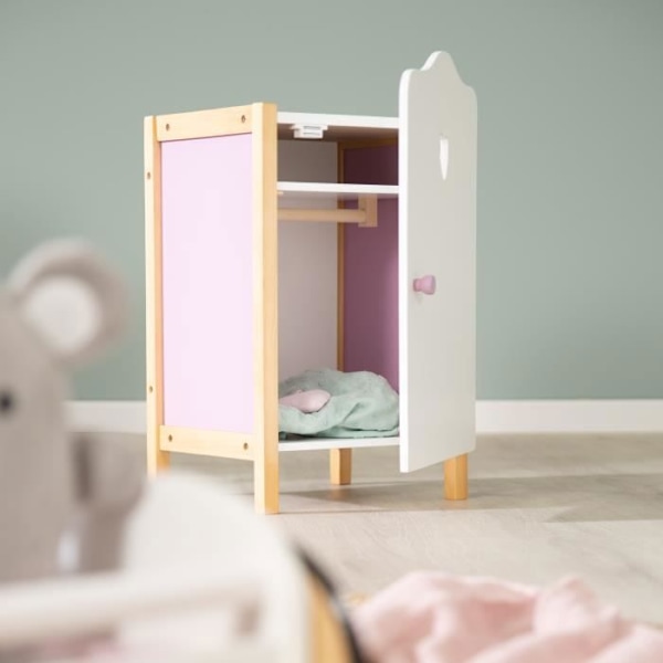 Scarlett Dockgarderob - ROBA - Förvaring för dockkläder och accessoarer - Vitt trä / Rosa Vit / Lila / Naturlig