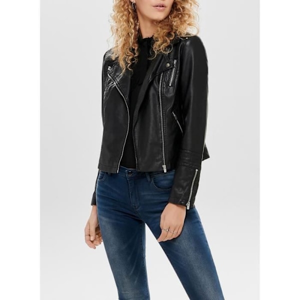 Bikerjacka - ONLY - Asymmetrisk dragkedja - Fuskläder - Quiltade detaljer - Svart Svart 38