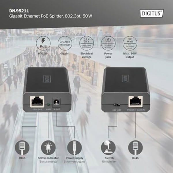 DIGITUS PoE++ fördelare - Gigabit - IEEE802.3at/BT - 51W Utgångseffekt - 10/100/1000 Mbit/s - Utspänning