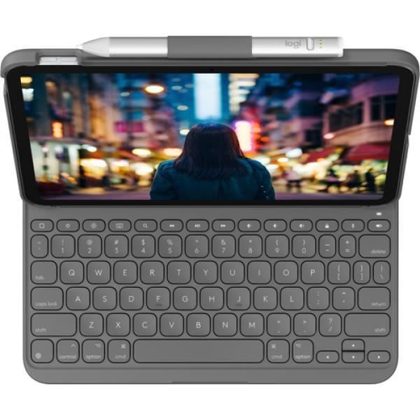 Trådlöst tangentbord - LOGITECH - Slim Folio - QWERTZ Tyska - Oxfordgrå - för iPad 10,2"