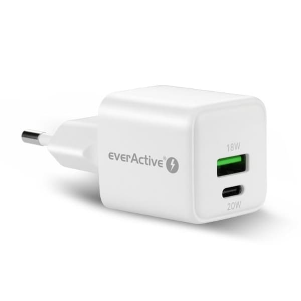 Väggladdare - EVERACTIVE - SC-330 - GaN - 1x USB-A & 1x USB-C - USB-C PD 20W (QC3.0)