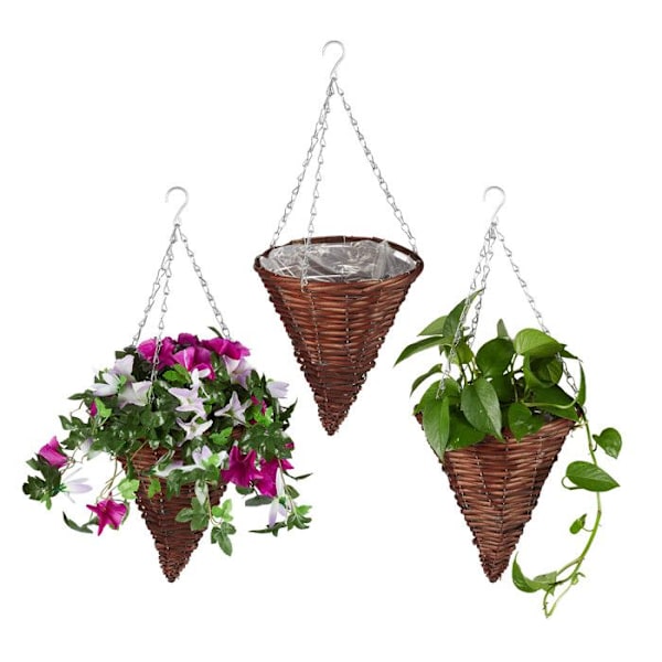 Relaxdays Hängande växtupphängning i 3-pack, handvävd korg av rotting, blomkruka HxD 30 x 25 cm, brun Brun