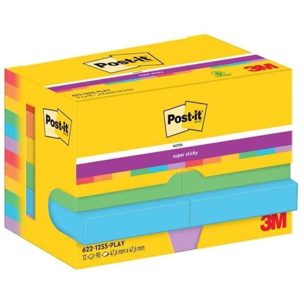 Självhäftande anteckningsblock - POST-IT - Super Sticky Notes - 47,6 x 47,6 mm - 90 ark - 6 olika färger ultraröd, vital orange, ultragul, l