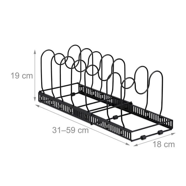 Relaxdays - 10049440 - Organiser för dina grytor/pannor, Utvidgbar, metall, H x B x D: 19 x 59 x 18 cm, Svart svart