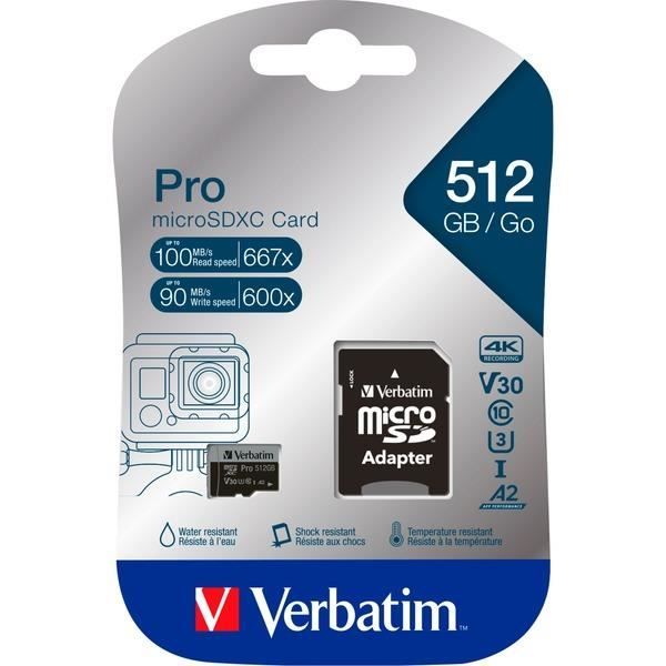 Verbatim PRO U3 - Flash-minneskort (microSDXC till SD-adapter ingår) - 512 GB - A2 / UHS-I U3 / Class10 - microSDXC UHS-I