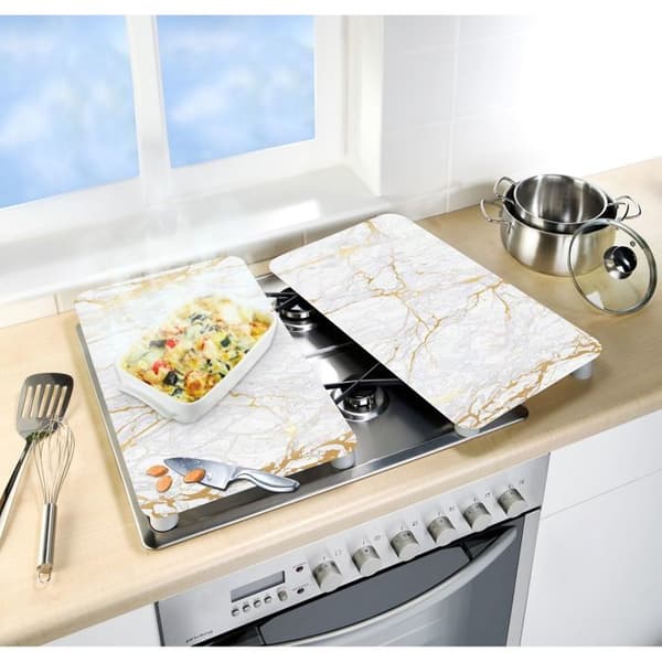 Skyddsplatta för spis - WENKO - Guldmarmor - 2-pack - Härdat glas - 30x52 cm vitt och guld