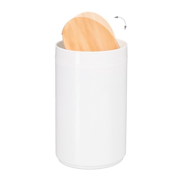Relaxdays papperskorg badrum 5l, svängande lock i bambu, modern, plast, 5,5 L, H x D 26,5 x 18 cm, vit vit, ljusbrun