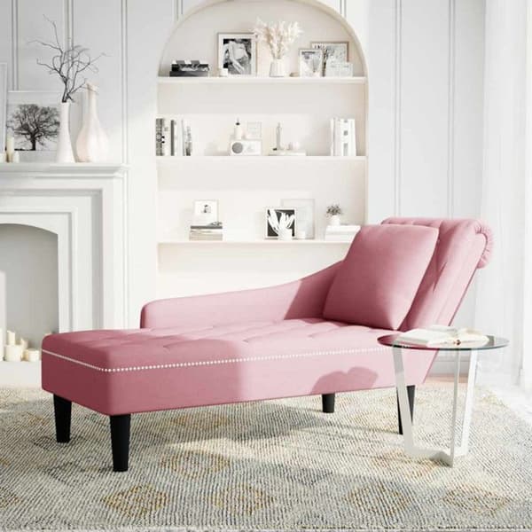 Lång fåtölj med kudde och högra armstöd i rosa sammet
