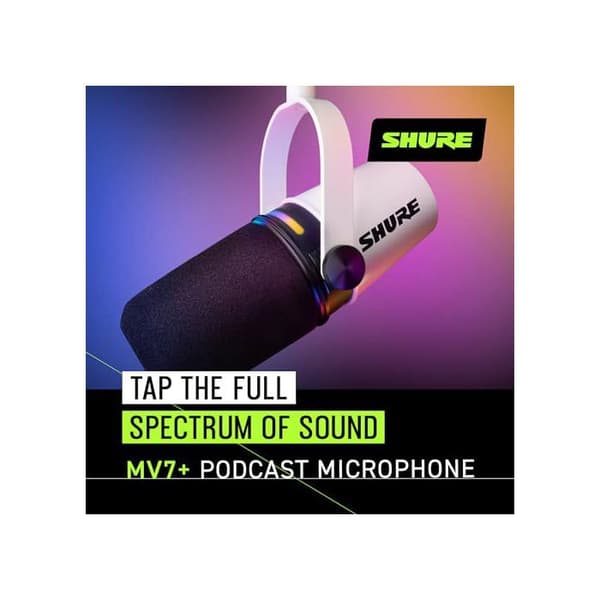 Mikrofon USB - SHURE - MV7+-W - Dynamisk - Dubbelanslutning - LED-pekskärm Vit