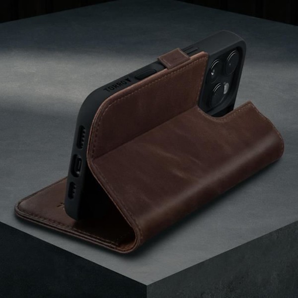 Coque Portefeuille - TORRO - iPhone 16 Pro - Äkta Läder - Mörkbrun - Kompatibel med MagSafe Mörkbrun