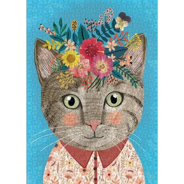 Pussel 1000 bitar: Blomster vänner vacker katt Enfärgad
