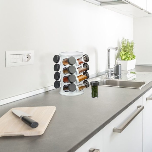 Relaxdays kryddkarusell 16 akrylglasburkar, örtkryddskärm i plast, roterbar, vit vit, transparent, svart