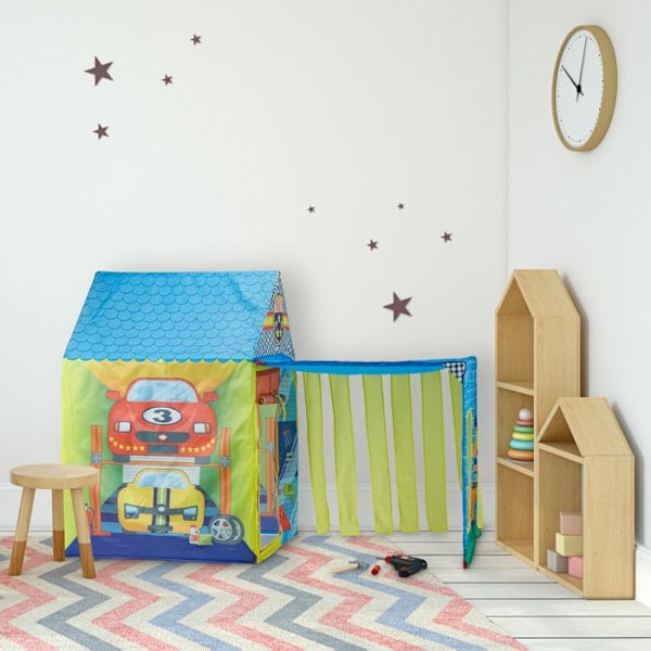 Relaxdays Tält för barn i form av garage, H x L x P: 109 x 146 x 75 cm, inomhus och utomhus, flerfärgad blå, grön, gul