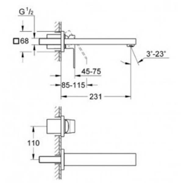 Eurocube väggmonterad tvättställsblandare 2 hål Krom - Grohe - Fast - 68mm - Metall Grå