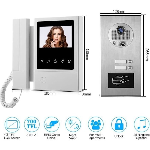 Intercom med video - HFeng - 4,3'' - 2 skärmar - Nattvisning - RFID-låsenhet