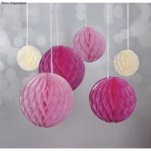 Honeycomb bollar att hänga, rosa/rosa/beige, 5/8/10cm kol. diverse, tab-bag 6st - {color}
