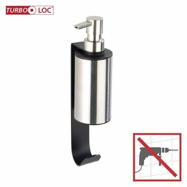 WENKO Telde väggmonterad dispenser för flytande tvål, "Turbo Loc" montering utan borrning, med handdukskrok, Rostfritt stål mattsvart
