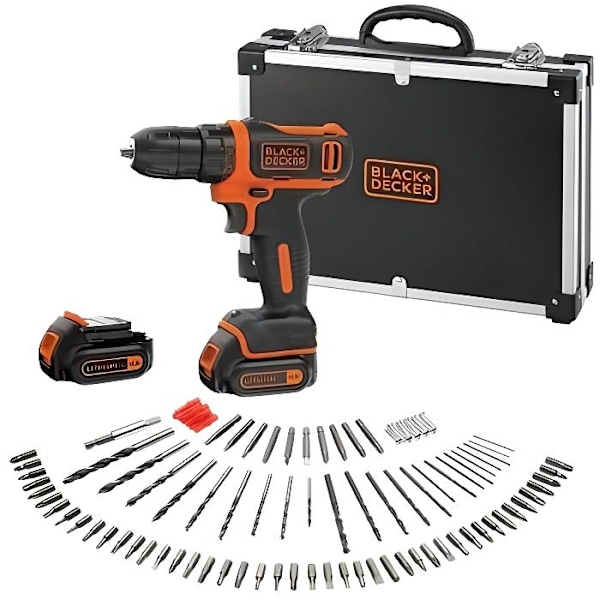 BLACK & DECKER 10,8V sladdlös borrmaskin/skruvdragare, 2 batterier, 100 tillbehör och metallväska Orange