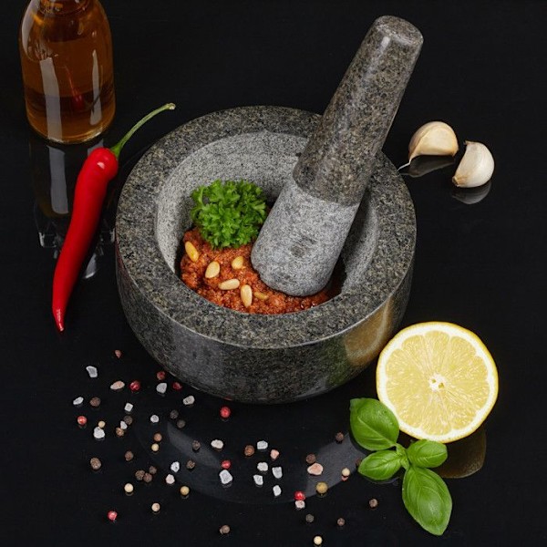 Relaxdays Mortel i granit med stöt, robust, för kryddor, örter, mortel i polerad sten, d. 16 cm, 400 ml, grå antracit, grå