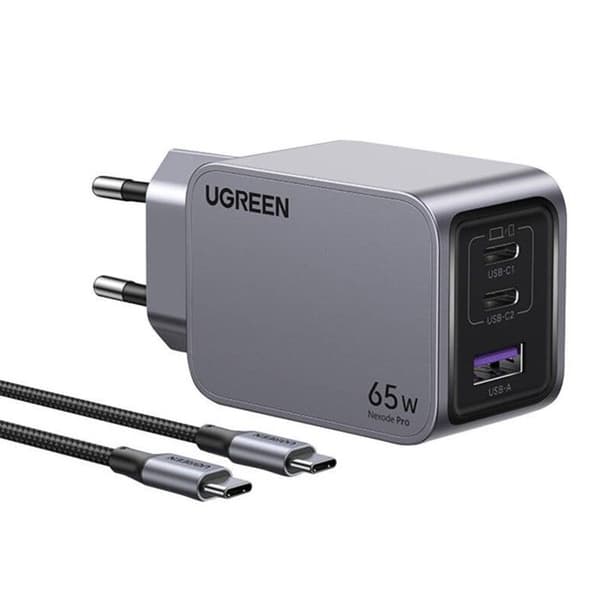 Ugreen Nexode Pro 65W Vägghylla 2xUSB-C 1xUSB-A med 1,5M USB-C-kabel Grå Grå