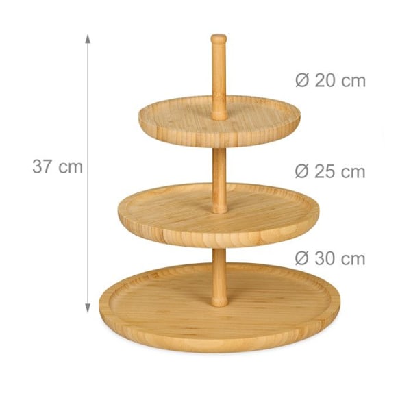 Relaxdays Utställning 3 nivåer, bambu, H: 25 cm, D: 30 cm, 3 träfat för kakor, snacks, nötter, naturell ljusbrun