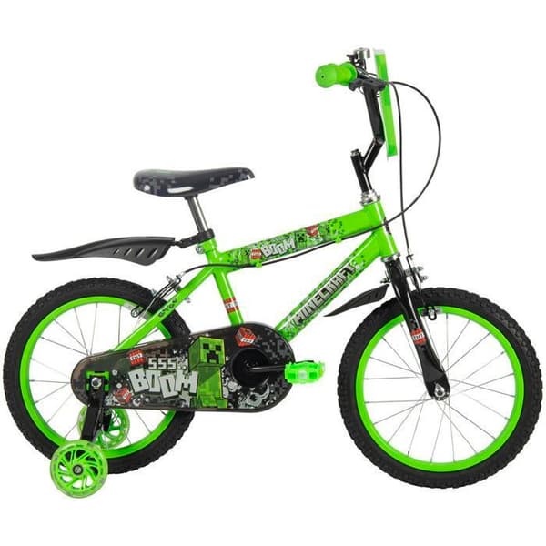Barncykel - Huffy - Minecraft 16" - Fram- och bakbromsar - Creeper-skylt - Grön