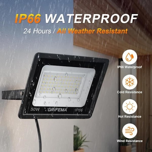 LED Utomhusprojektor - GRIFEMA - 50W - 5500LM - 6500K Kall Vit - IP66 Vattentät Vit