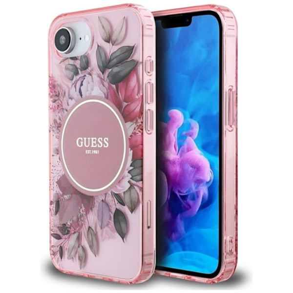 Coque Guess IML Flowers MagSafe för iPhone 16e (rosa)