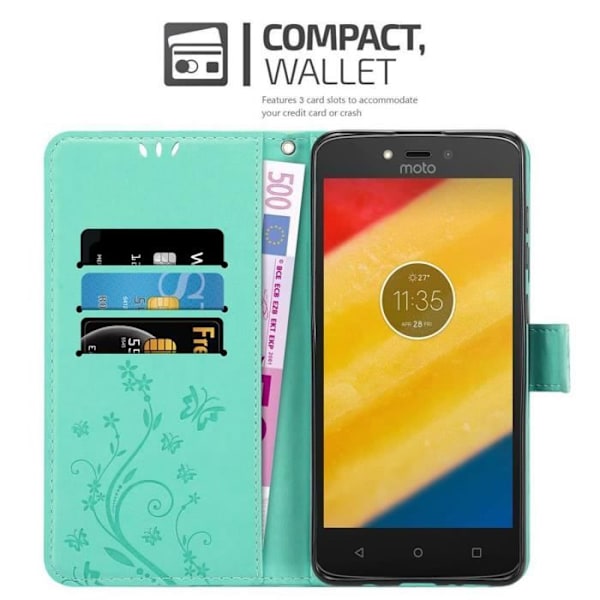 Coque - CADORABO - Motorola MOTO C PLUS - Similicuir - Blommönster - Magnetisk stängning Turkos