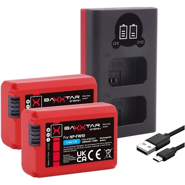 Baxxtar Pro 2X Batteri NP-FW50 och Mini 1851 LCD Dual USB-C och MicroUSB Laddare