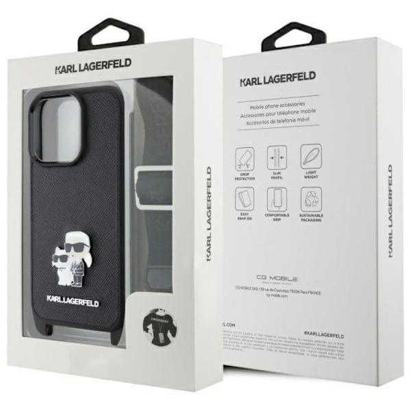 iPhone 16 Pro Max-fodral med metallrem Karl Lagerfeld Saffiano Karl & Choupette (svart)