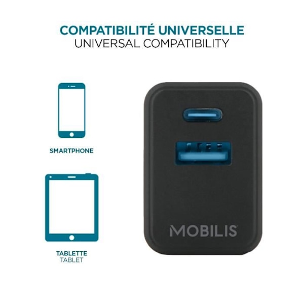 Nätladdare - MOBILIS - 30W GaN - 1 USB-C-port, 1 USB-A-port - för smartphone och surfplatta