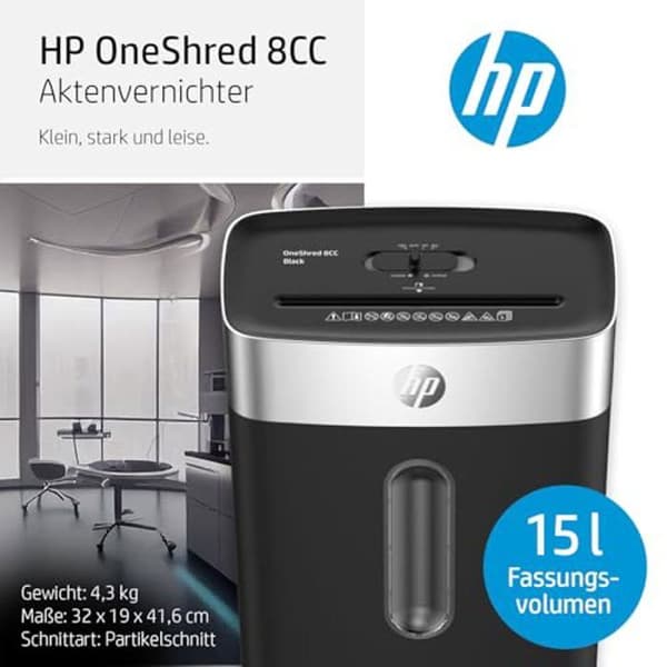 Pappersförstörare - HP - OneShred 8CC - Säkerhetsklass P-4 - Korsklipp - 8 blad Svart