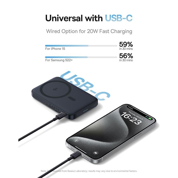 Batteri med extern typ-C, Qi2, 20W, 5000mAh, med typ-C-kabel - Baseus PicoGo (P10076800213-01) - Svart